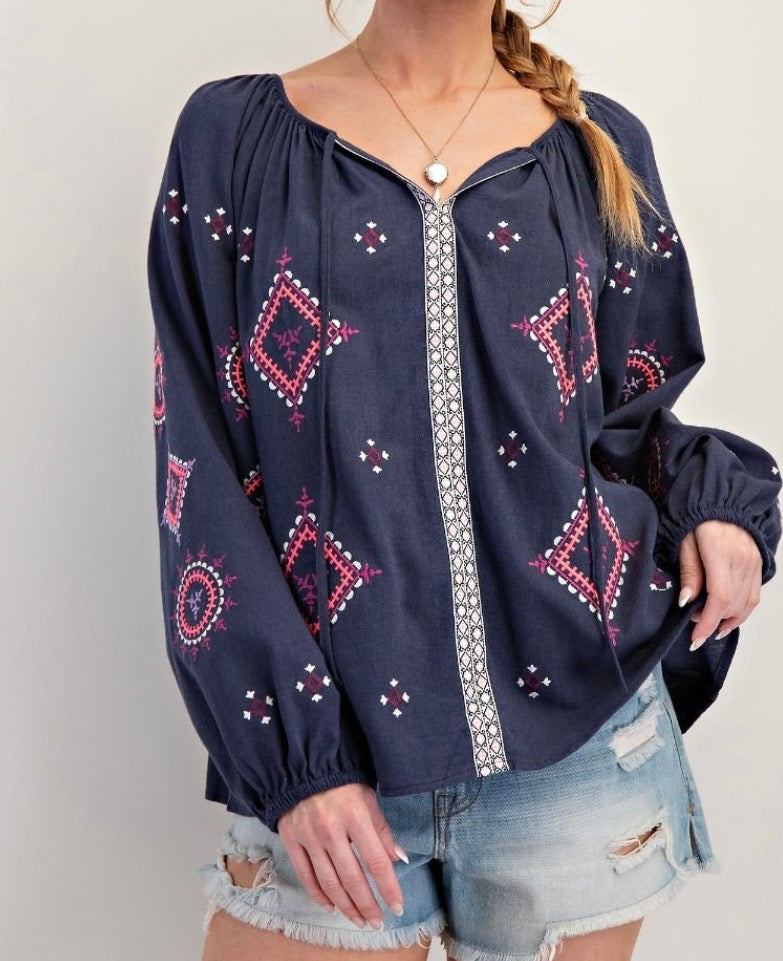 Embroidered Cotton Skirt Set Navy Blue