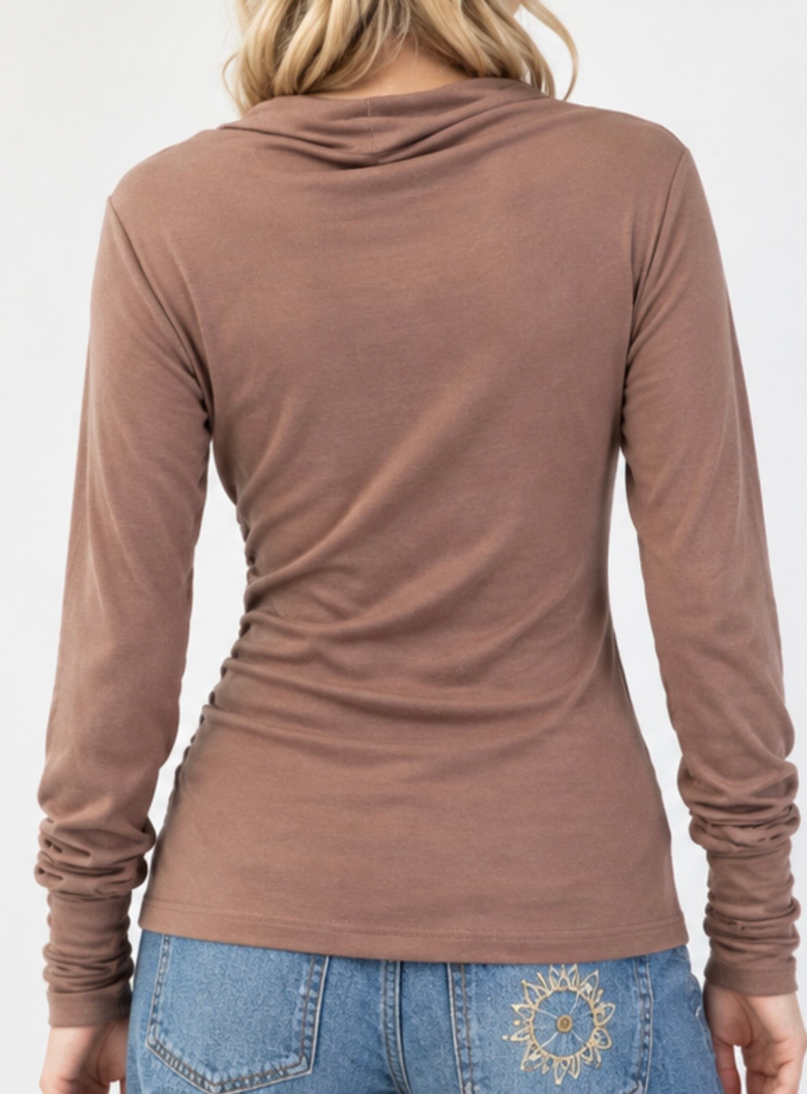 Women’s Plush Ruched Mock Neck Long Sleeve in Mocha