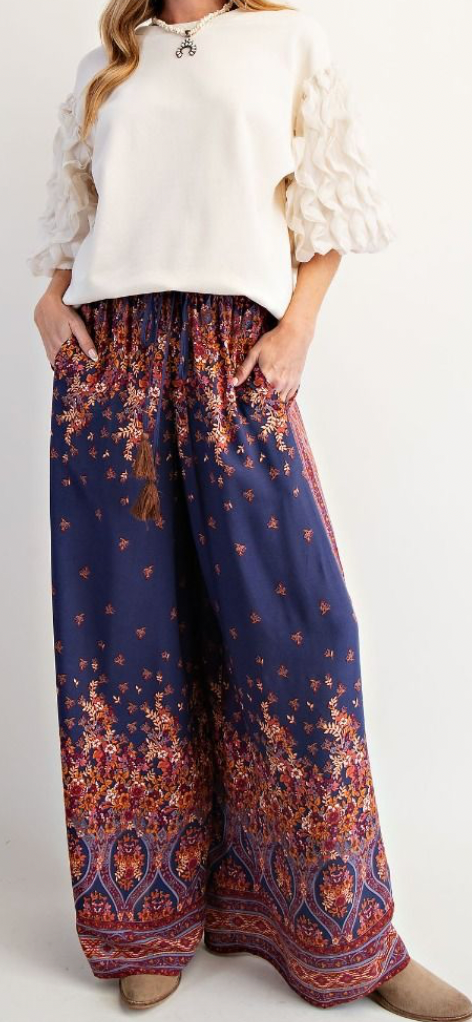 Boho Rayon Wide Leg Fall Blueberry Floral Print Elastic Waist Pants