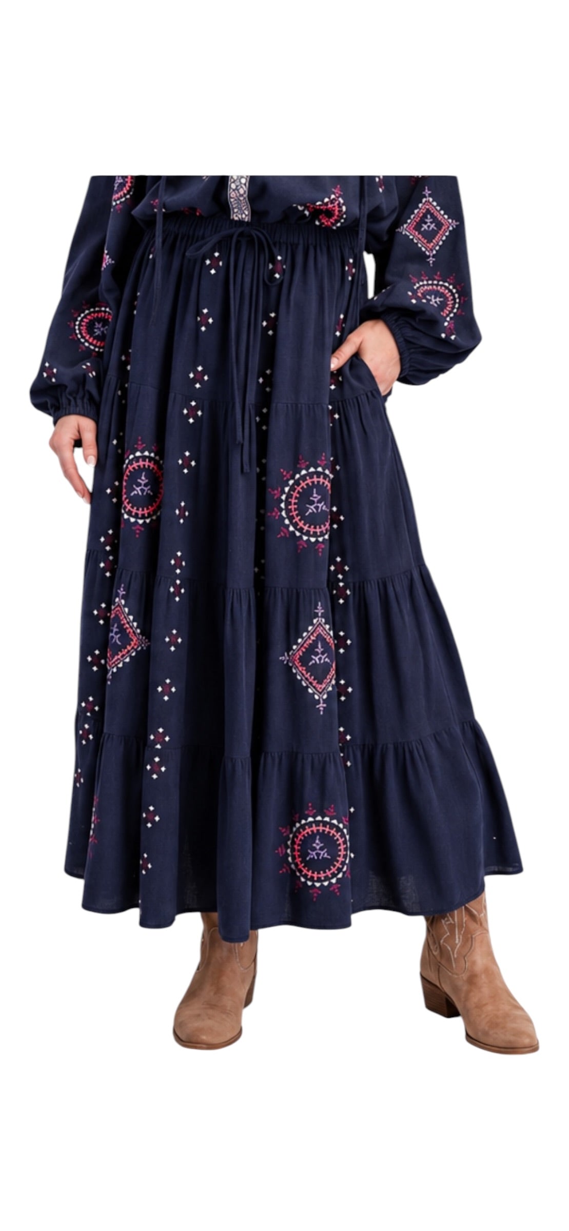 Embroidered Cotton Skirt Set Navy Blue