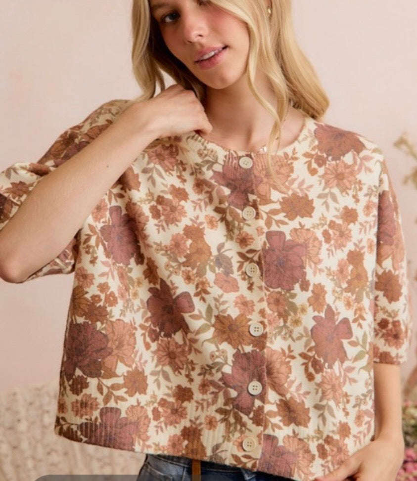 Women’s Floral Puff Sleeve Button Down Shoet Sleeve Sweater