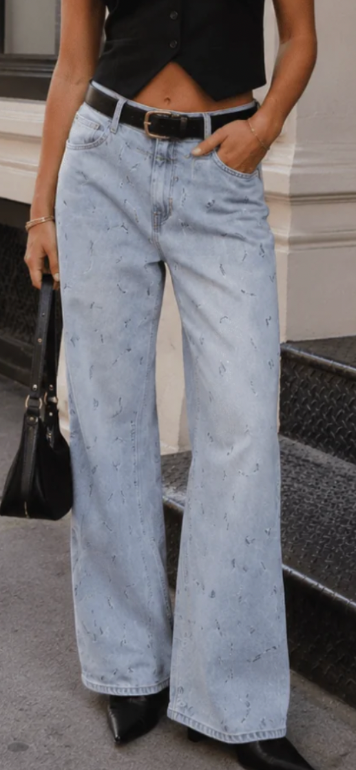 Rhinestone Embellished Belted Wide Leg Denim