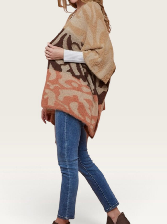 Cozy Eyelash Contrast Knit Leopard Poncho