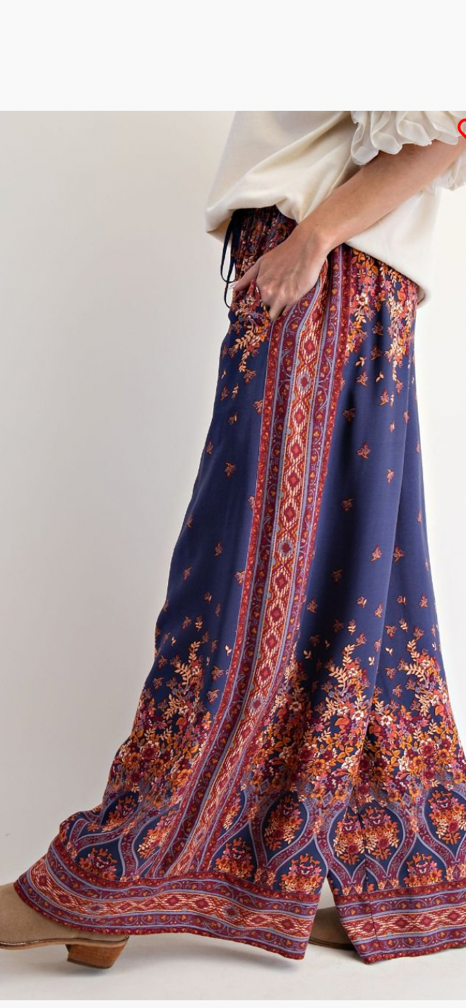 Boho Rayon Wide Leg Fall Blueberry Floral Print Elastic Waist Pants