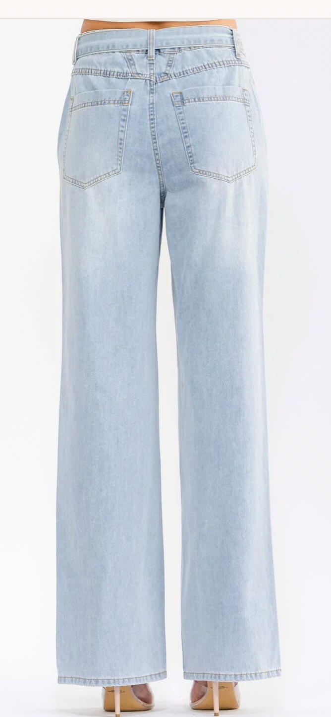 Rhinestone Embellished Belted Wide Leg Denim