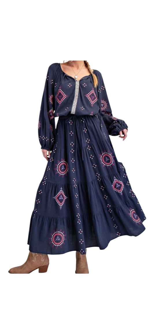 Embroidered Cotton Skirt Set Navy Blue