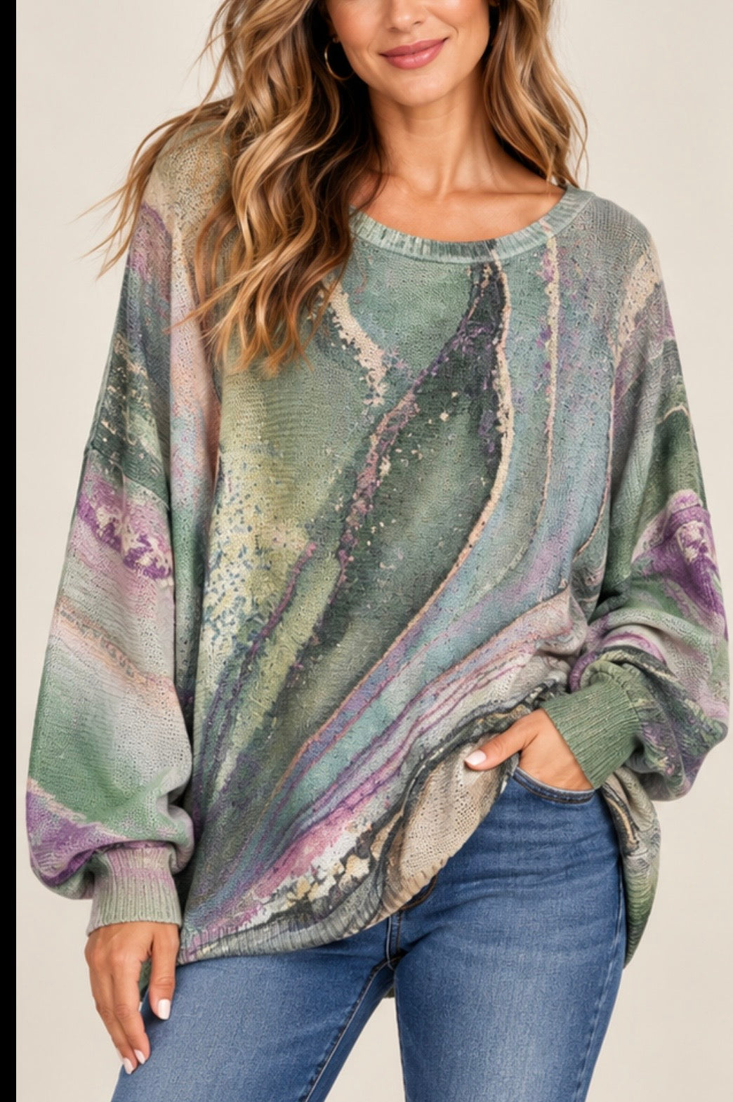 Italian Batwing Sweater Green Marble Print