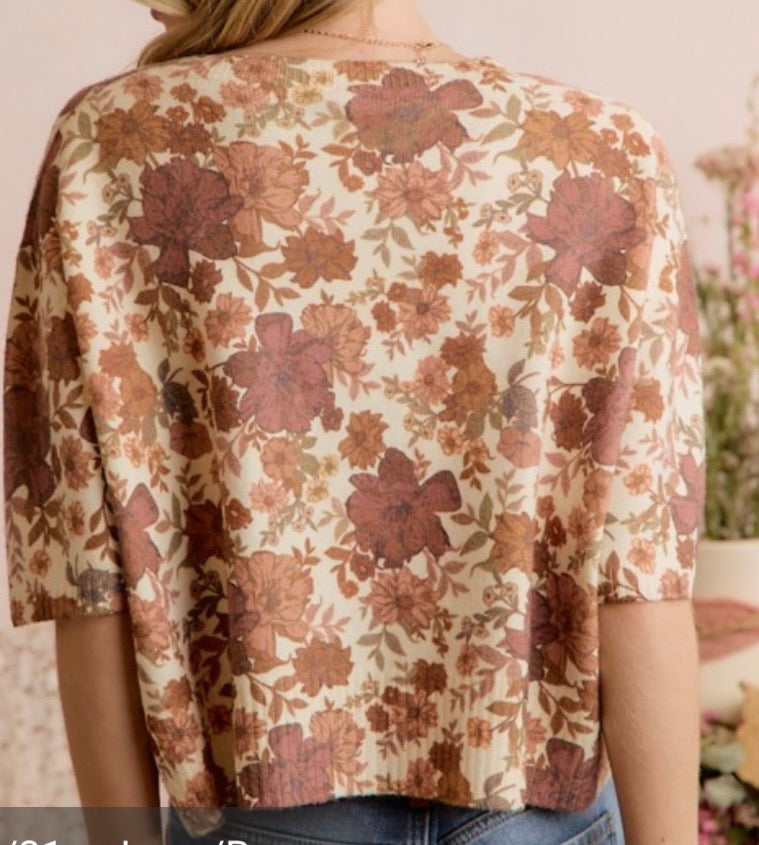 Women’s Floral Puff Sleeve Button Down Shoet Sleeve Sweater