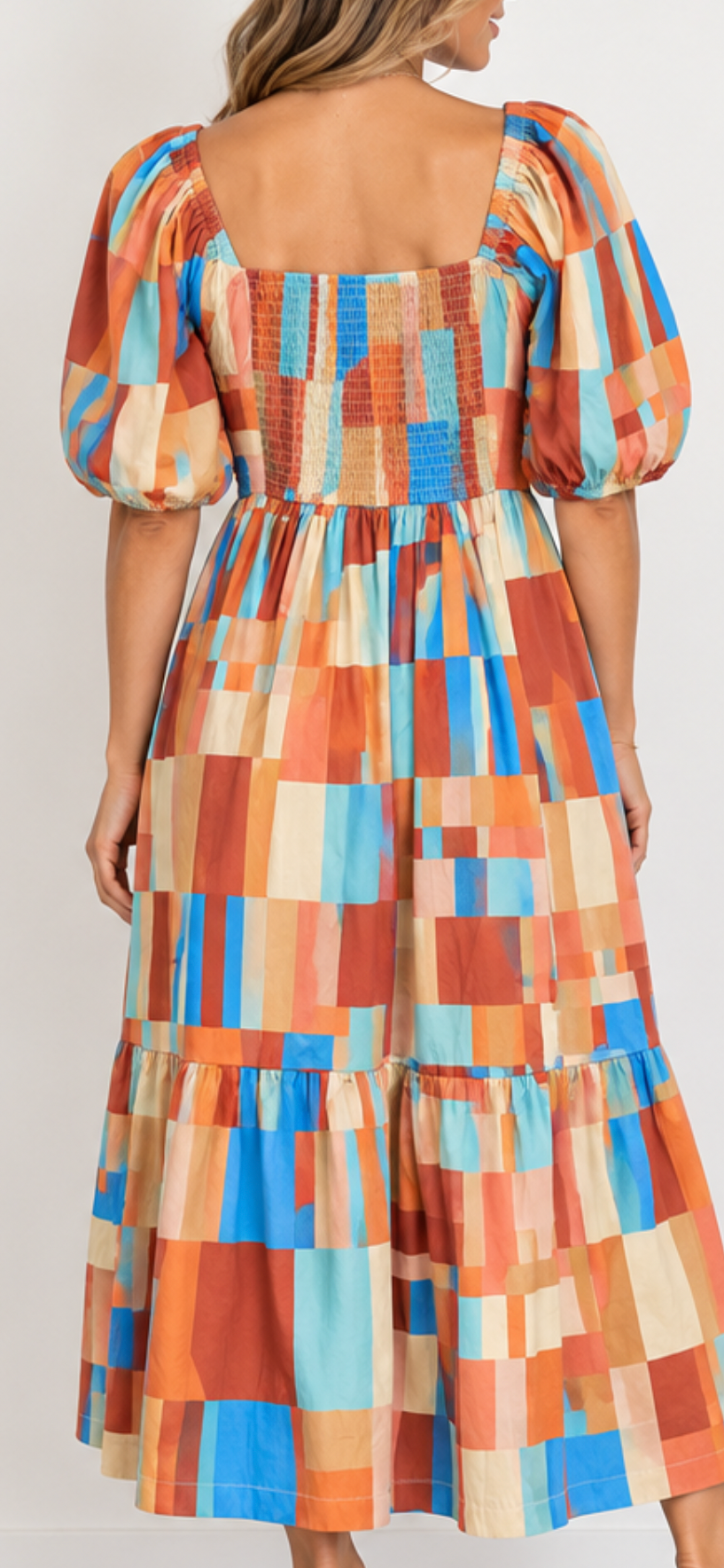 Cotton Boho Dress Puff Sleeve Smocking Pockets