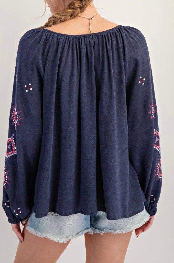 Embroidered Cotton Skirt Set Navy Blue