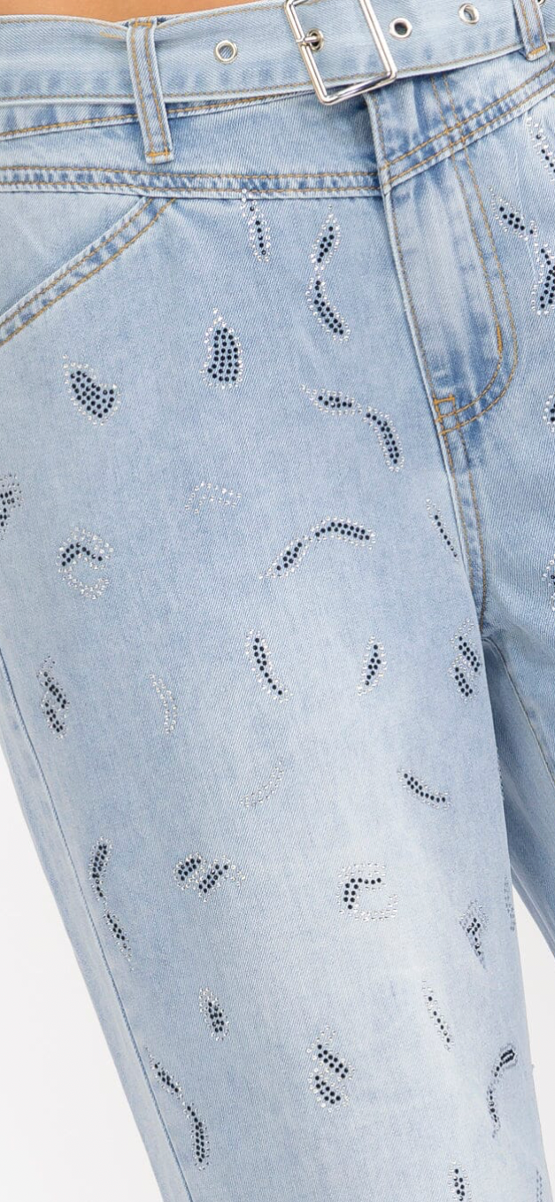 Rhinestone Embellished Belted Wide Leg Denim