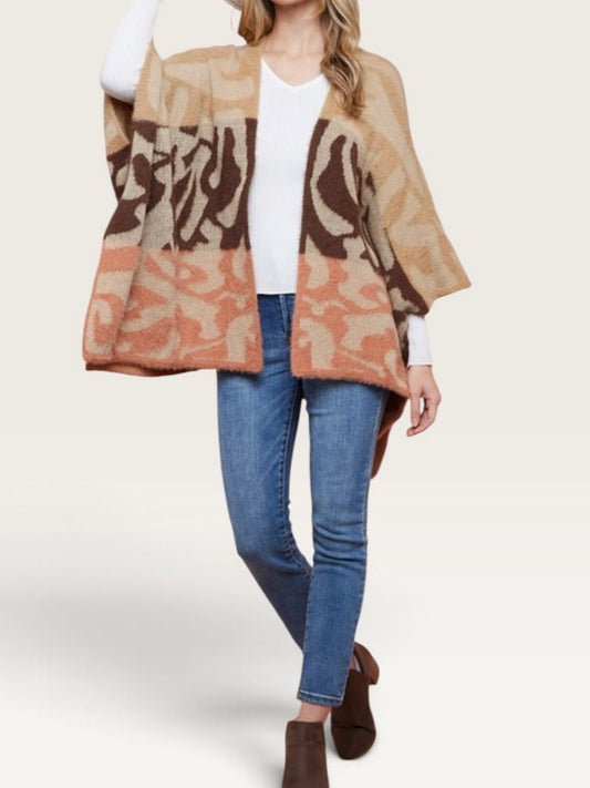 Cozy Eyelash Contrast Knit Leopard Poncho